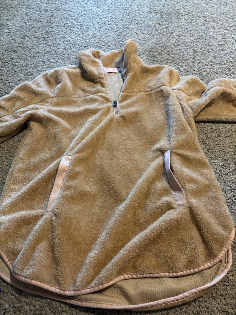 Pink Lily Plush Teddy Quarter-Zip Pullover in Camel with Pink Logo